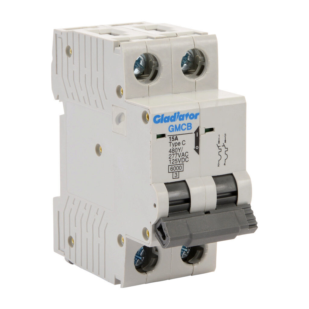 GMCB-2C-15 - Gladiator miniature supplementary protector, 15A, 480Y/277 VAC/125 VDC, 2-pole, C curve, thermal magnetic, 6kA @ 480Y/277 VAC interrupting rating, 35mm DIN rail mount.