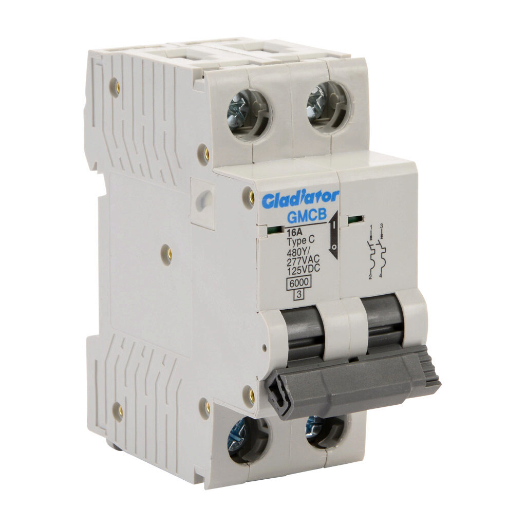 GMCB-2C-16 - Gladiator miniature supplementary protector, 16A, 480Y/277 VAC/125 VDC, 2-pole, C curve, thermal magnetic, 6kA @ 480Y/277 VAC interrupting rating, 35mm DIN rail mount.