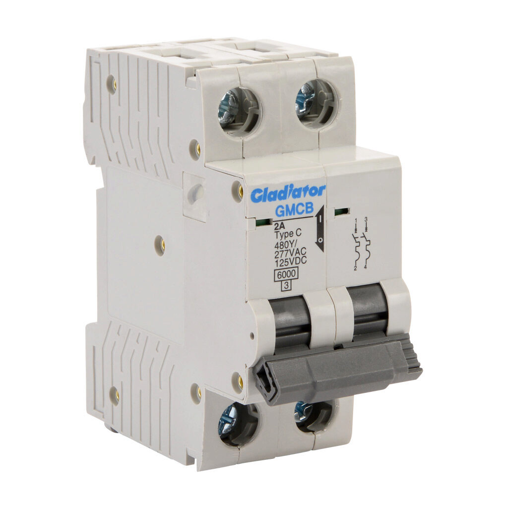 GMCB-2C-2 - Gladiator miniature supplementary protector, 2A, 480Y/277 VAC/125 VDC, 2-pole, C curve, thermal magnetic, 6kA @ 480Y/277 VAC interrupting rating, 35mm DIN rail mount.