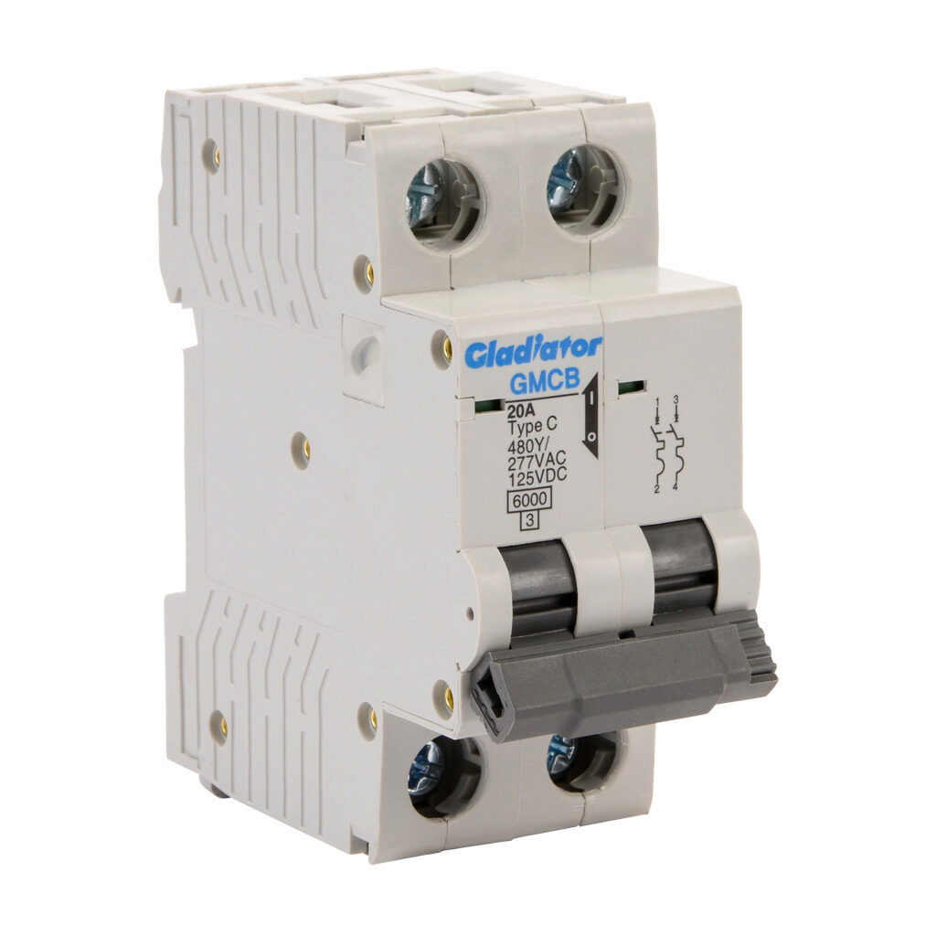 GMCB-2C-20 - Gladiator miniature supplementary protector, 20A, 480Y/277 VAC/125 VDC, 2-pole, C curve, thermal magnetic, 6kA @ 480Y/277 VAC interrupting rating, 35mm DIN rail mount.