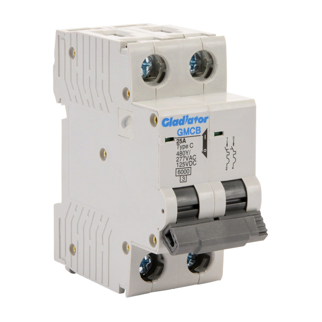 GMCB-2C-25 - Gladiator miniature supplementary protector, 25A, 480Y/277 VAC/125 VDC, 2-pole, C curve, thermal magnetic, 6kA @ 480Y/277 VAC interrupting rating, 35mm DIN rail mount.