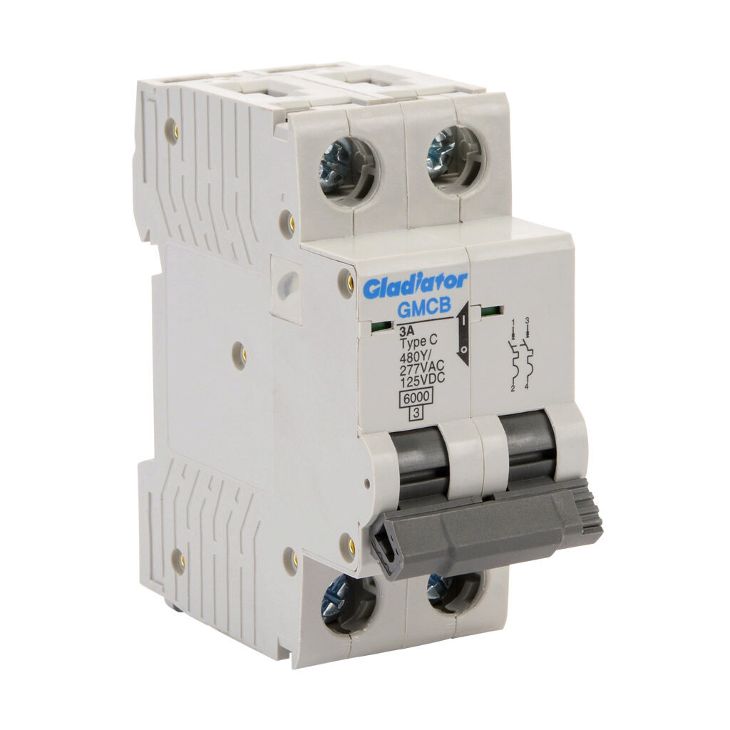 GMCB-2C-3 - Gladiator miniature supplementary protector, 3A, 480Y/277 VAC/125 VDC, 2-pole, C curve, thermal magnetic, 6kA @ 480Y/277 VAC interrupting rating, 35mm DIN rail mount.