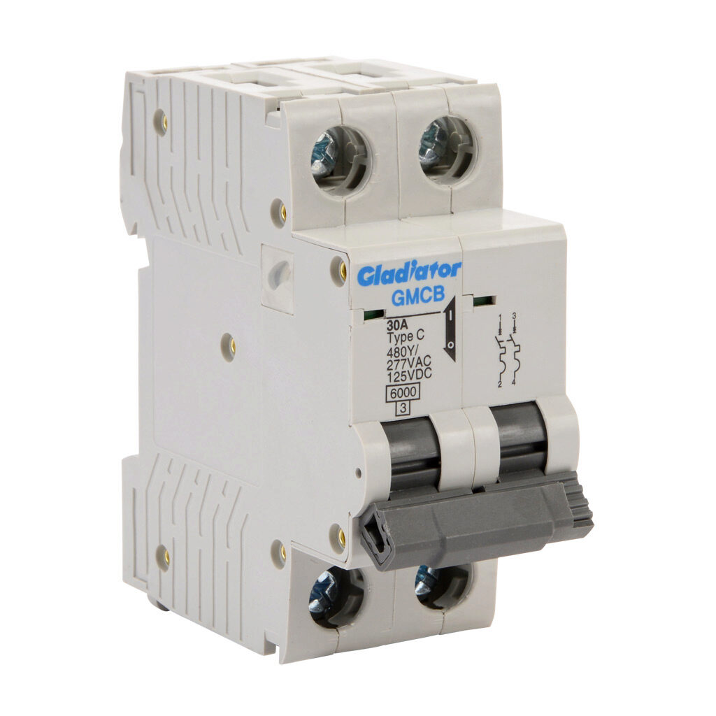 GMCB-2C-30 - Gladiator miniature supplementary protector, 30A, 480Y/277 VAC/125 VDC, 2-pole, C curve, thermal magnetic, 6kA @ 480Y/277 VAC interrupting rating, 35mm DIN rail mount.