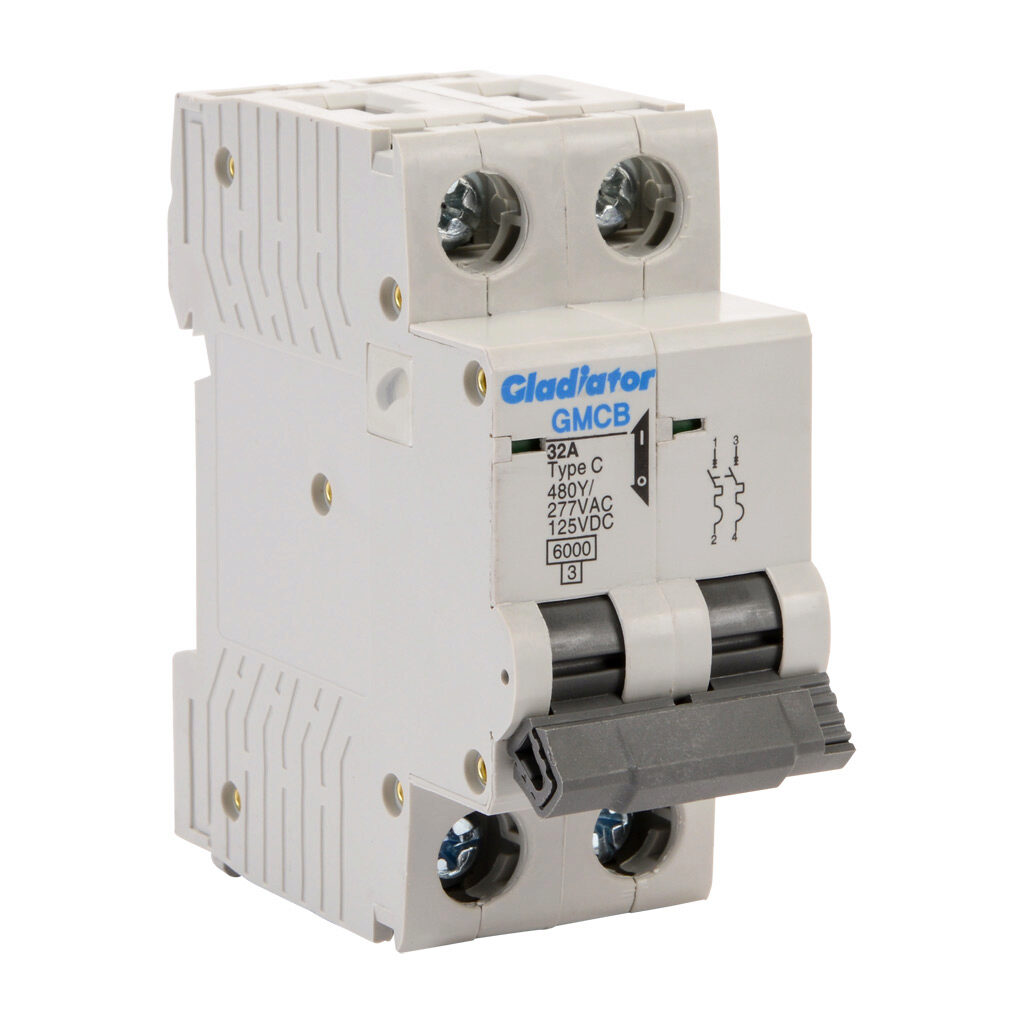 GMCB-2C-32 - Gladiator miniature supplementary protector, 32A, 480Y/277 VAC/125 VDC, 2-pole, C curve, thermal magnetic, 6kA @ 480Y/277 VAC interrupting rating, 35mm DIN rail mount.
