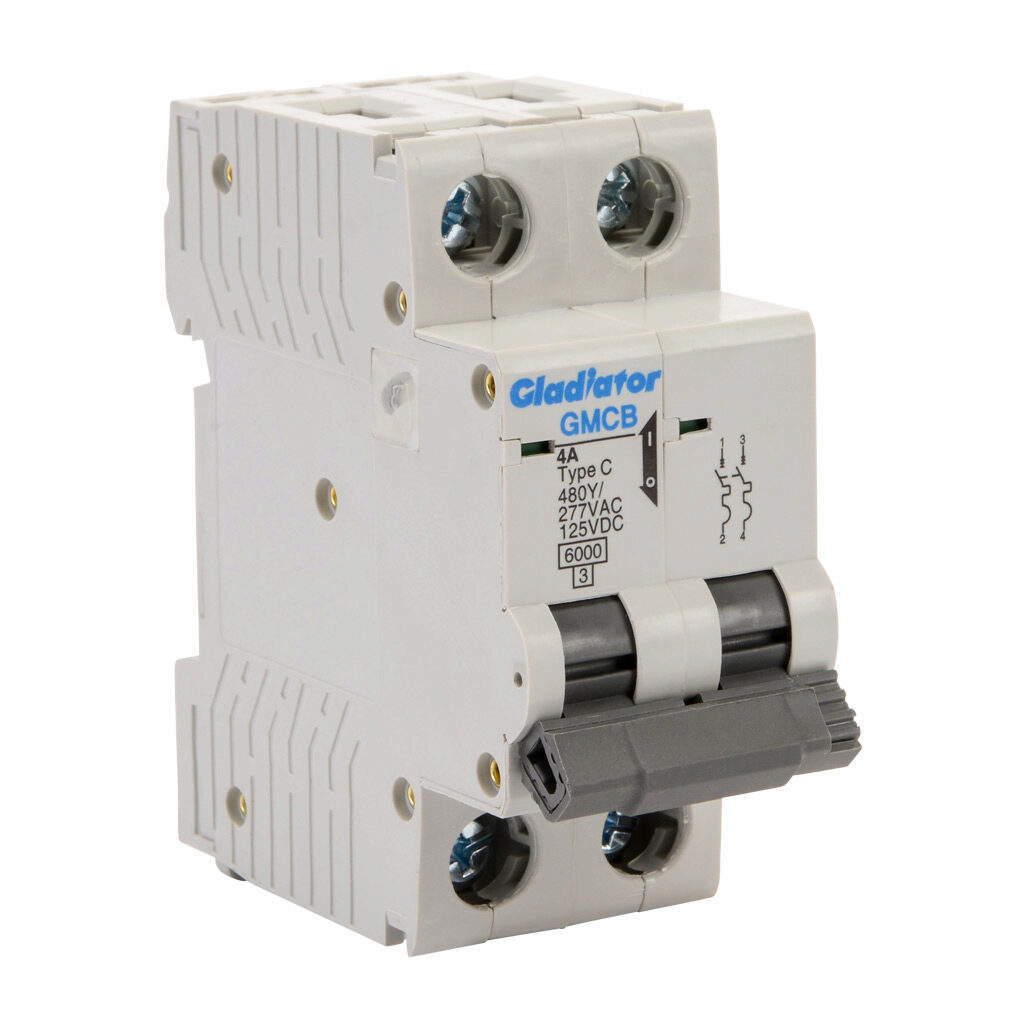 GMCB-2C-4 - Gladiator miniature supplementary protector, 4A, 480Y/277 VAC/125 VDC, 2-pole, C curve, thermal magnetic, 6kA @ 480Y/277 VAC interrupting rating, 35mm DIN rail mount.