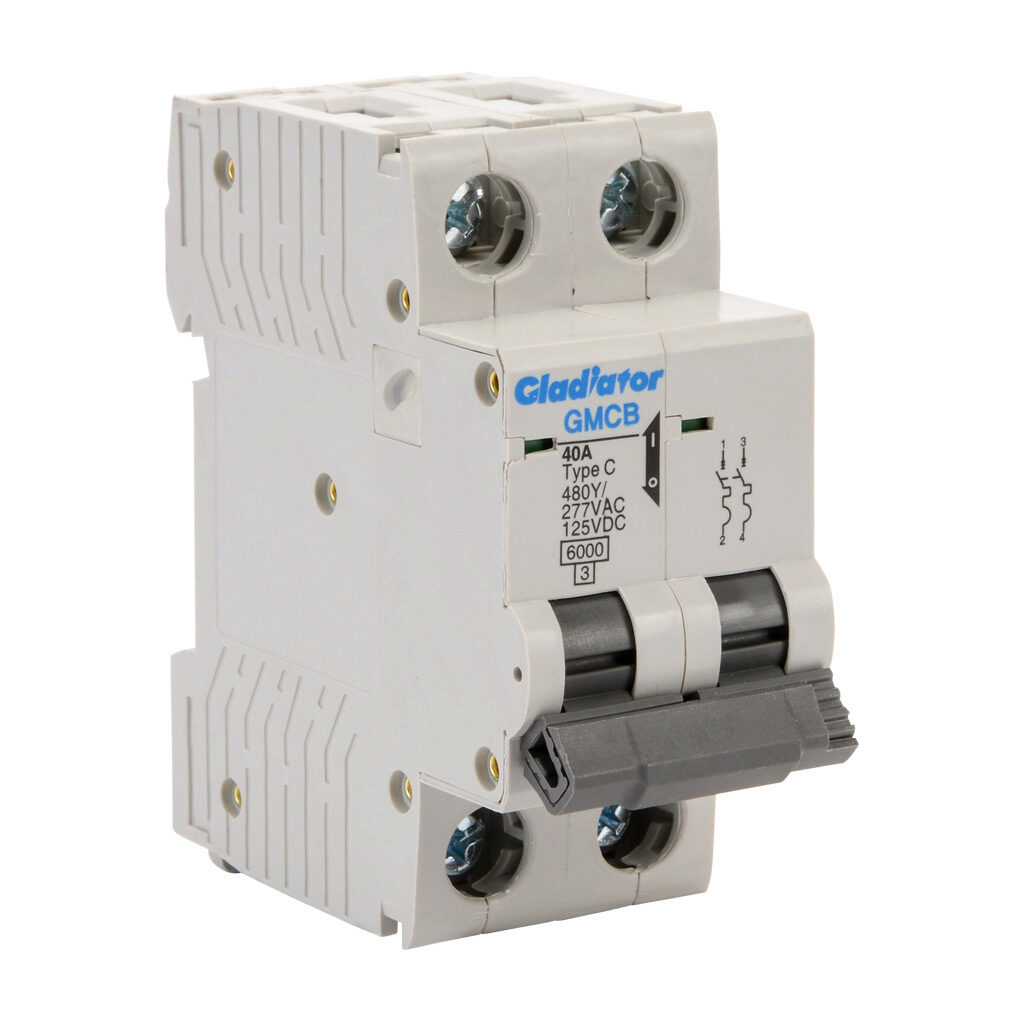 GMCB-2C-40 - Gladiator miniature supplementary protector, 40A, 480Y/277 VAC/125 VDC, 2-pole, C curve, thermal magnetic, 6kA @ 480Y/277 VAC interrupting rating, 35mm DIN rail mount.