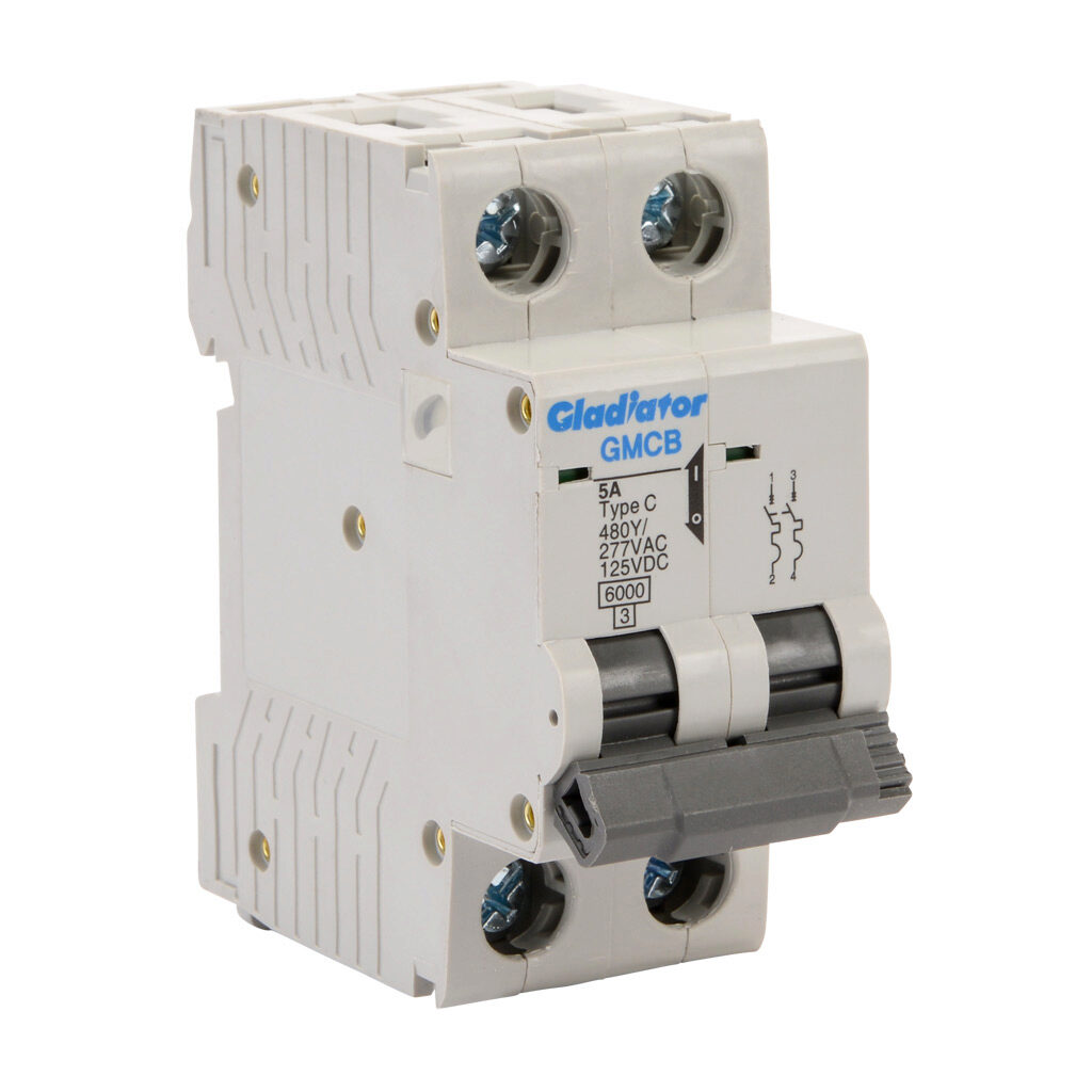 GMCB-2C-5 - Gladiator miniature supplementary protector, 5A, 480Y/277 VAC/125 VDC, 2-pole, C curve, thermal magnetic, 6kA @ 480Y/277 VAC interrupting rating, 35mm DIN rail mount.