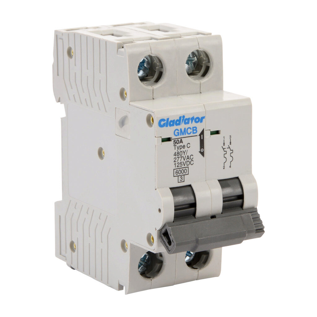 GMCB-2C-50 - Gladiator miniature supplementary protector, 50A, 480Y/277 VAC/125 VDC, 2-pole, C curve, thermal magnetic, 6kA @ 480Y/277 VAC interrupting rating, 35mm DIN rail mount.