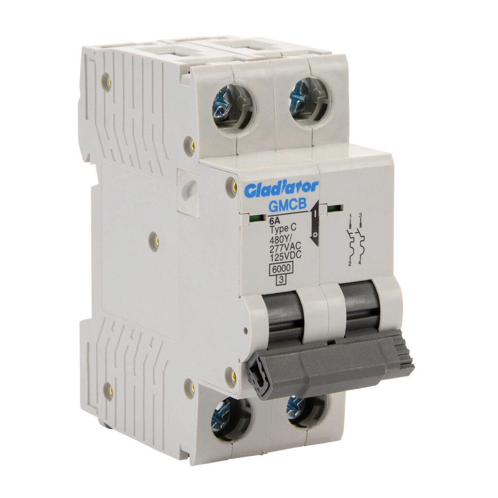 GMCB-2C-6 - Gladiator miniature supplementary protector, 6A, 480Y/277 VAC/125 VDC, 2-pole, C curve, thermal magnetic, 6kA @ 480Y/277 VAC interrupting rating, 35mm DIN rail mount.