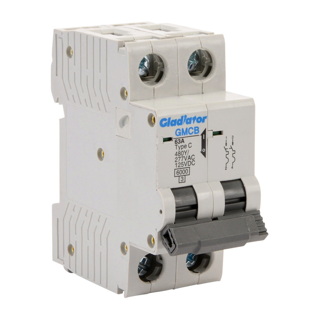 GMCB-2C-63 - Gladiator miniature supplementary protector, 63A, 480Y/277 VAC/125 VDC, 2-pole, C curve, thermal magnetic, 6kA @ 480Y/277 VAC interrupting rating, 35mm DIN rail mount.