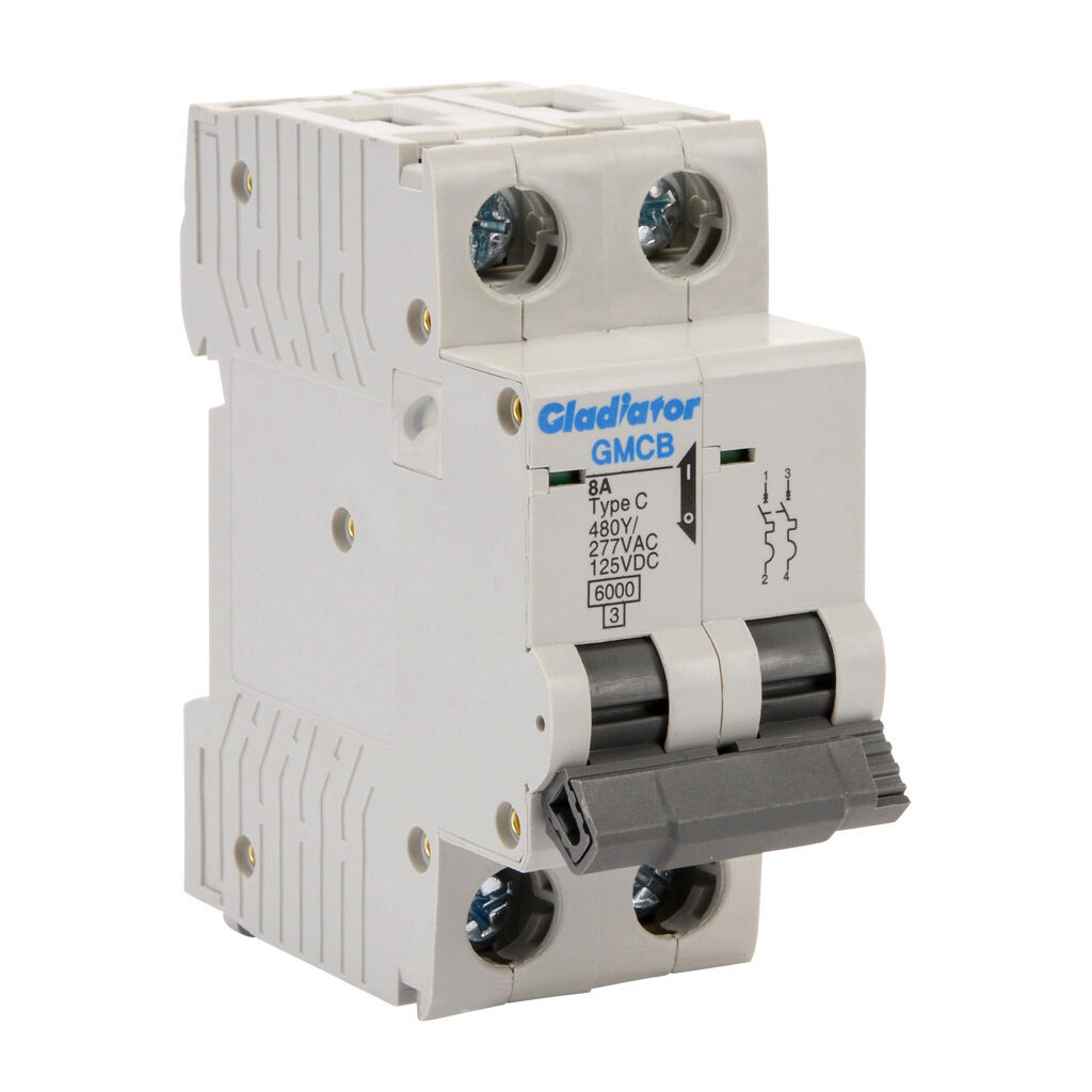 GMCB-2C-8 - Gladiator miniature supplementary protector, 8A, 480Y/277 VAC/125 VDC, 2-pole, C curve, thermal magnetic, 6kA @ 480Y/277 VAC interrupting rating, 35mm DIN rail mount.