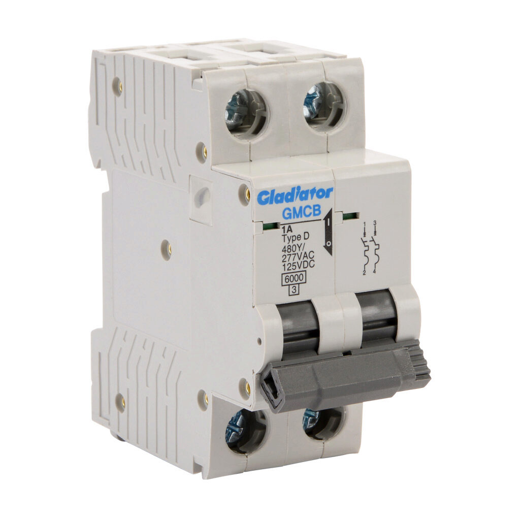 GMCB-2D-1 - Gladiator miniature supplementary protector, 1A, 480Y/277 VAC/125 VDC, 2-pole, D curve, thermal magnetic, 6kA @ 480Y/277 VAC interrupting rating, 35mm DIN rail mount.