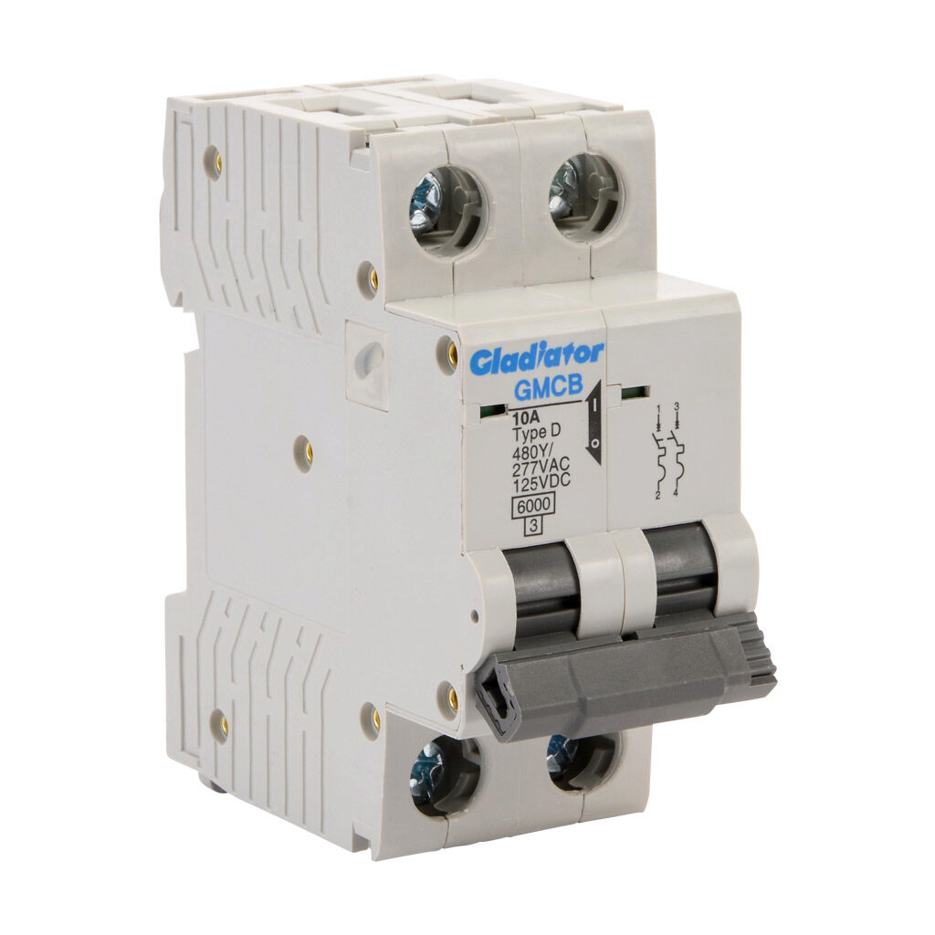GMCB-2D-10 - Gladiator miniature supplementary protector, 10A, 480Y/277 VAC/125 VDC, 2-pole, D curve, thermal magnetic, 6kA @ 480Y/277 VAC interrupting rating, 35mm DIN rail mount.