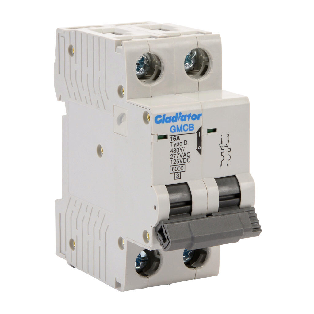 GMCB-2D-16 - Gladiator miniature supplementary protector, 16A, 480Y/277 VAC/125 VDC, 2-pole, D curve, thermal magnetic, 6kA @ 480Y/277 VAC interrupting rating, 35mm DIN rail mount.