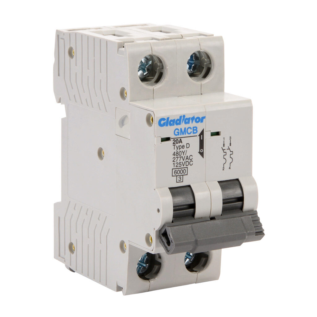 GMCB-2D-20 - Gladiator miniature supplementary protector, 20A, 480Y/277 VAC/125 VDC, 2-pole, D curve, thermal magnetic, 6kA @ 480Y/277 VAC interrupting rating, 35mm DIN rail mount.