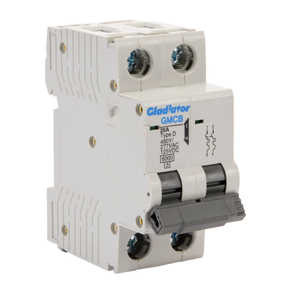GMCB-2D-25 - Gladiator miniature supplementary protector, 25A, 480Y/277 VAC/125 VDC, 2-pole, D curve, thermal magnetic, 6kA @ 480Y/277 VAC interrupting rating, 35mm DIN rail mount.