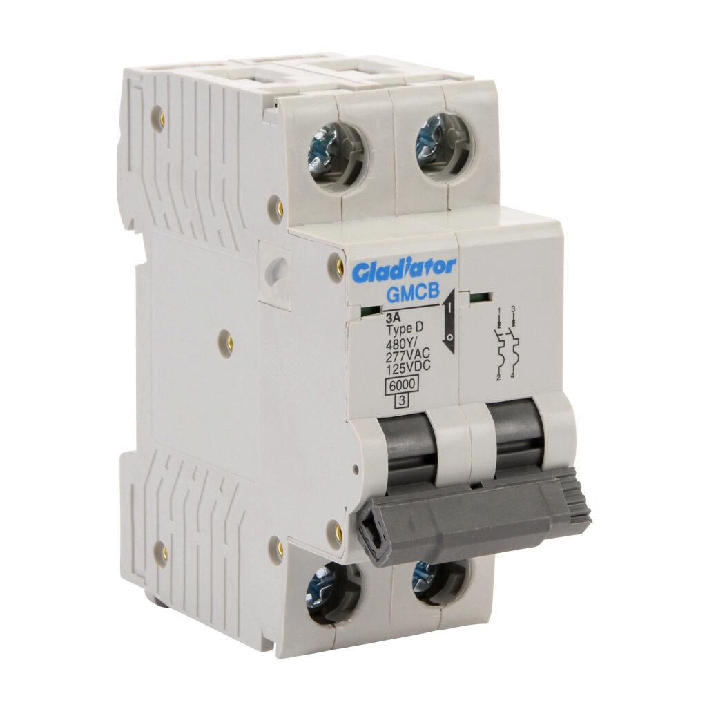 GMCB-2D-3 - Gladiator miniature supplementary protector, 3A, 480Y/277 VAC/125 VDC, 2-pole, D curve, thermal magnetic, 6kA @ 480Y/277 VAC interrupting rating, 35mm DIN rail mount.