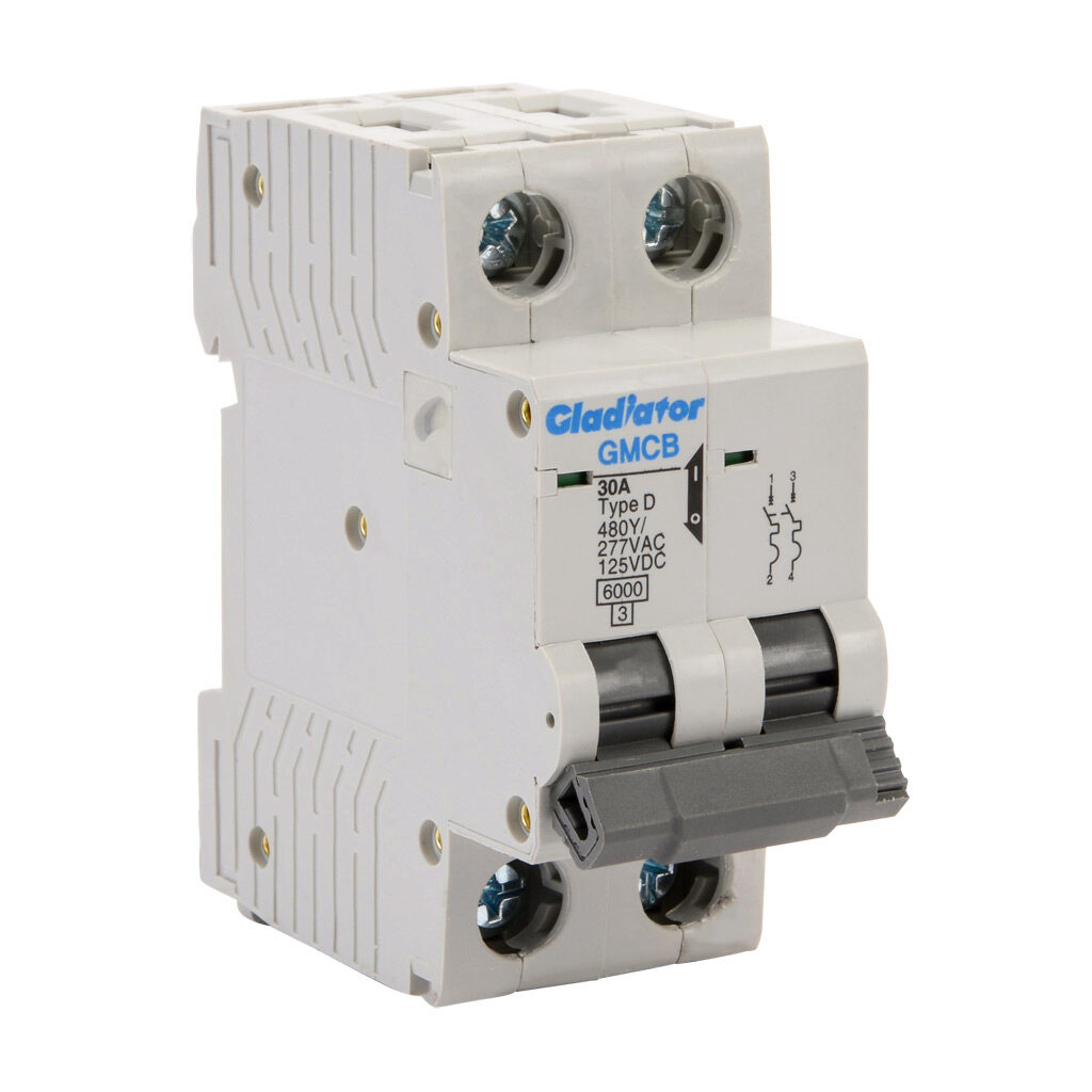 GMCB-2D-30 - Gladiator miniature supplementary protector, 30A, 480Y/277 VAC/125 VDC, 2-pole, D curve, thermal magnetic, 6kA @ 480Y/277 VAC interrupting rating, 35mm DIN rail mount.