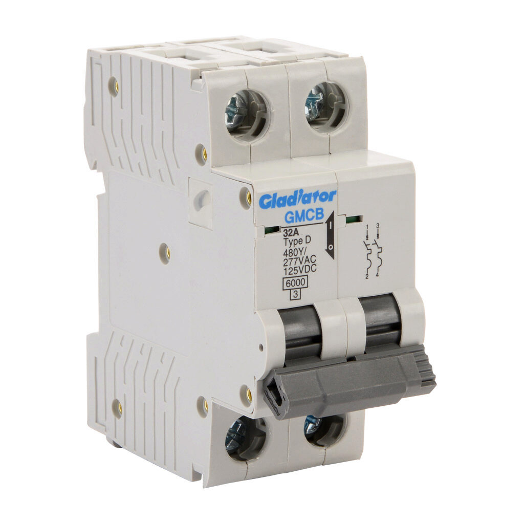 GMCB-2D-32 - Gladiator miniature supplementary protector, 32A, 480Y/277 VAC/125 VDC, 2-pole, D curve, thermal magnetic, 6kA @ 480Y/277 VAC interrupting rating, 35mm DIN rail mount.