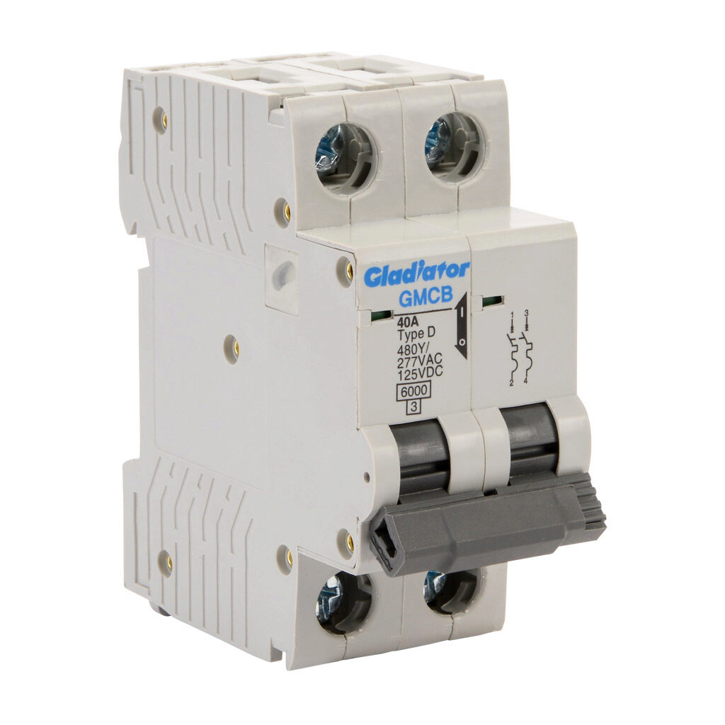 GMCB-2D-40 - Gladiator miniature supplementary protector, 40A, 480Y/277 VAC/125 VDC, 2-pole, D curve, thermal magnetic, 6kA @ 480Y/277 VAC interrupting rating, 35mm DIN rail mount.
