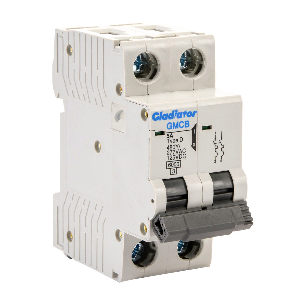 GMCB-2D-5 - Gladiator miniature supplementary protector, 5A, 480Y/277 VAC/125 VDC, 2-pole, D curve, thermal magnetic, 6kA @ 480Y/277 VAC interrupting rating, 35mm DIN rail mount.