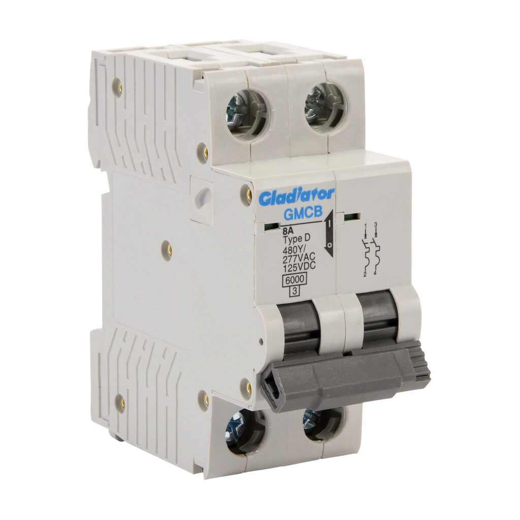 GMCB-2D-8 - Gladiator miniature supplementary protector, 8A, 480Y/277 VAC/125 VDC, 2-pole, D curve, thermal magnetic, 6kA @ 480Y/277 VAC interrupting rating, 35mm DIN rail mount.