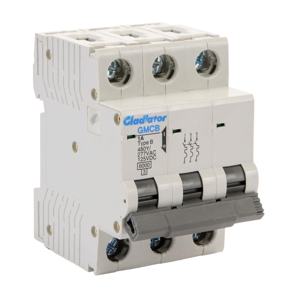 GMCB-3B-1 - Gladiator miniature supplementary protector, 1A, 480Y/277 VAC/125 VDC, 3-pole, B curve, thermal magnetic, 6kA @ 480Y/277 VAC interrupting rating, 35mm DIN rail mount.