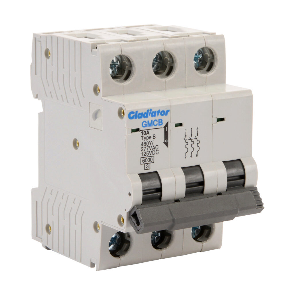 GMCB-3B-10 - Gladiator miniature supplementary protector, 10A, 480Y/277 VAC/125 VDC, 3-pole, B curve, thermal magnetic, 6kA @ 480Y/277 VAC interrupting rating, 35mm DIN rail mount.