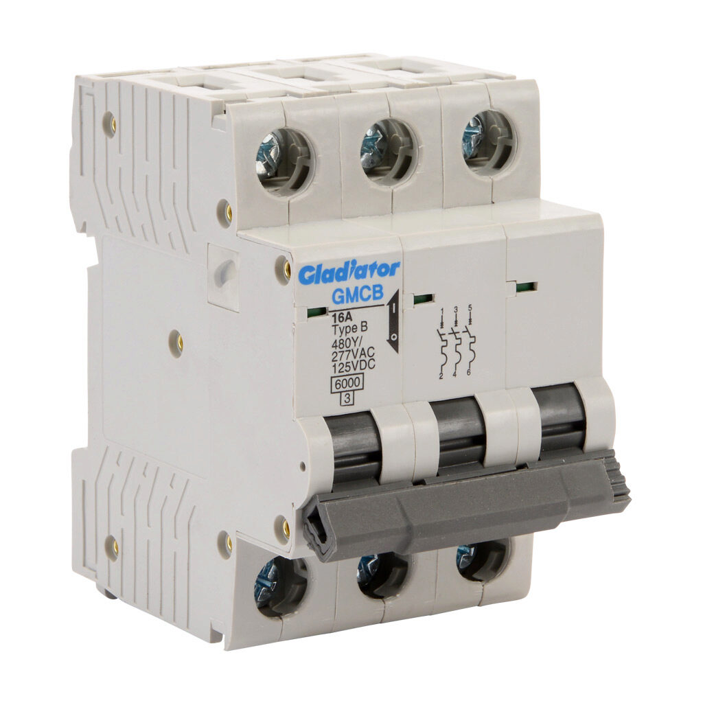 GMCB-3B-16 - Gladiator miniature supplementary protector, 16A, 480Y/277 VAC/125 VDC, 3-pole, B curve, thermal magnetic, 6kA @ 480Y/277 VAC interrupting rating, 35mm DIN rail mount.