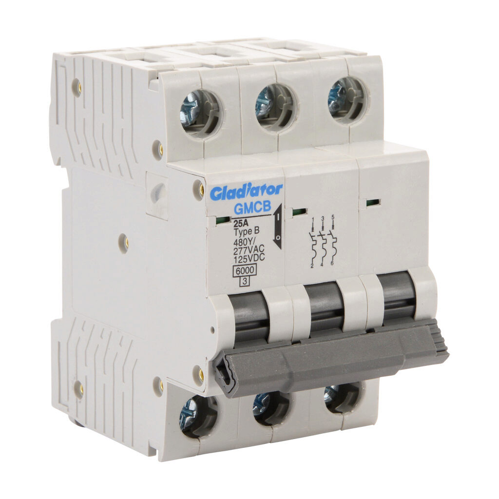 GMCB-3B-25 - Gladiator miniature supplementary protector, 25A, 480Y/277 VAC/125 VDC, 3-pole, B curve, thermal magnetic, 6kA @ 480Y/277 VAC interrupting rating, 35mm DIN rail mount.