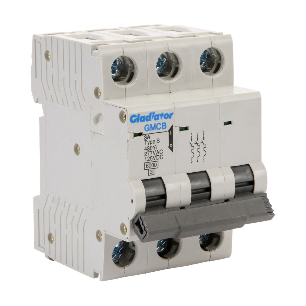 GMCB-3B-3 - Gladiator miniature supplementary protector, 3A, 480Y/277 VAC/125 VDC, 3-pole, B curve, thermal magnetic, 6kA @ 480Y/277 VAC interrupting rating, 35mm DIN rail mount.