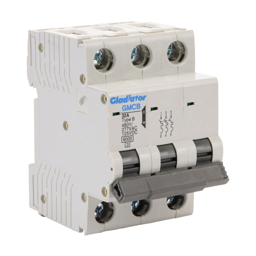 GMCB-3B-32 - Gladiator miniature supplementary protector, 32A, 480Y/277 VAC/125 VDC, 3-pole, B curve, thermal magnetic, 6kA @ 480Y/277 VAC interrupting rating, 35mm DIN rail mount.