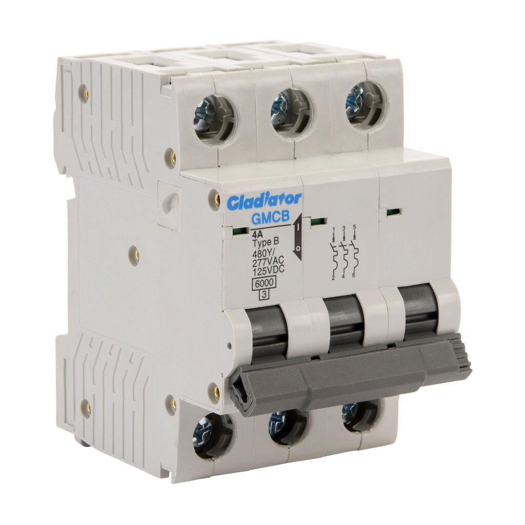 GMCB-3B-4 - Gladiator miniature supplementary protector, 4A, 480Y/277 VAC/125 VDC, 3-pole, B curve, thermal magnetic, 6kA @ 480Y/277 VAC interrupting rating, 35mm DIN rail mount.