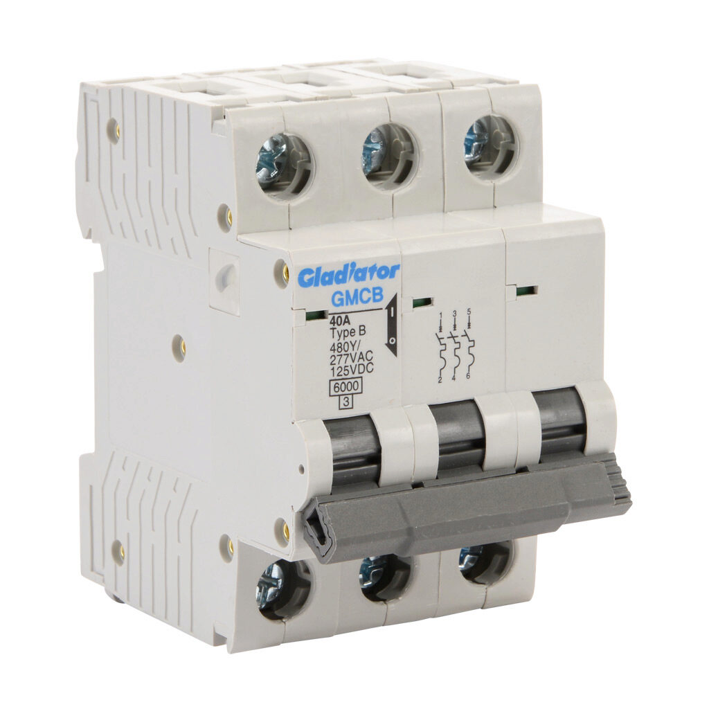 GMCB-3B-40 - Gladiator miniature supplementary protector, 40A, 480Y/277 VAC/125 VDC, 3-pole, B curve, thermal magnetic, 6kA @ 480Y/277 VAC interrupting rating, 35mm DIN rail mount.