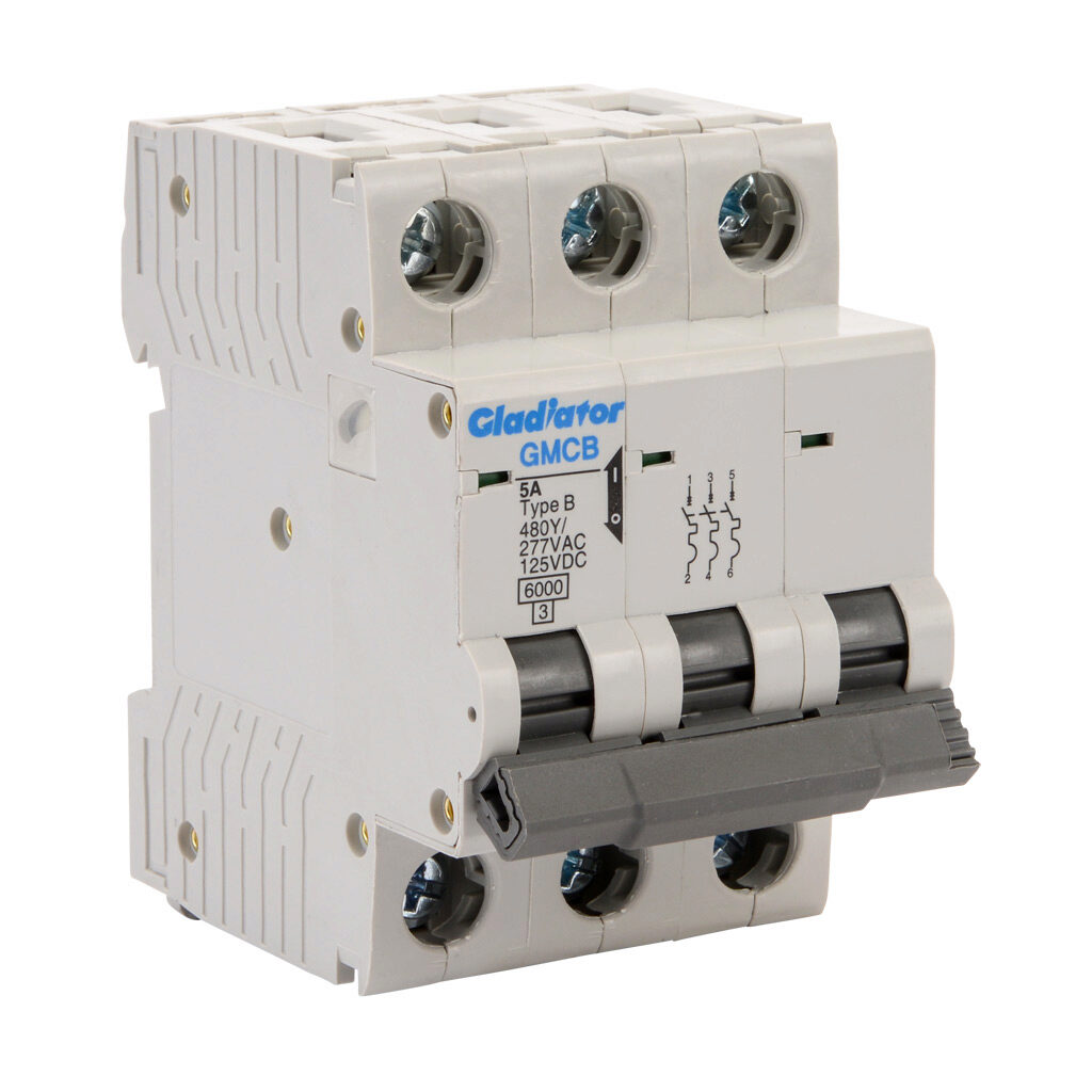 GMCB-3B-5 - Gladiator miniature supplementary protector, 5A, 480Y/277 VAC/125 VDC, 3-pole, B curve, thermal magnetic, 6kA @ 480Y/277 VAC interrupting rating, 35mm DIN rail mount.