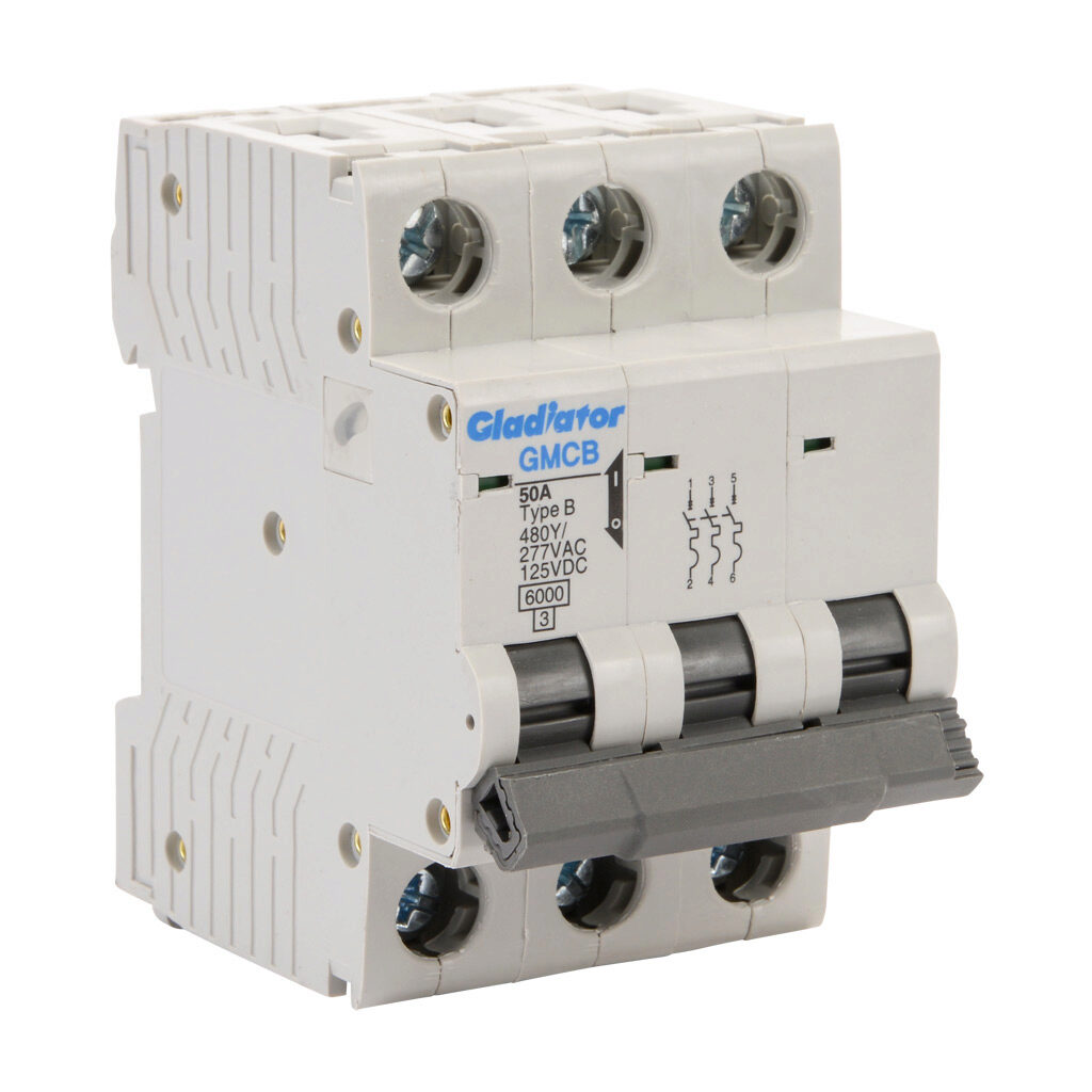 GMCB-3B-50 - Gladiator miniature supplementary protector, 50A, 480Y/277 VAC/125 VDC, 3-pole, B curve, thermal magnetic, 6kA @ 480Y/277 VAC interrupting rating, 35mm DIN rail mount.