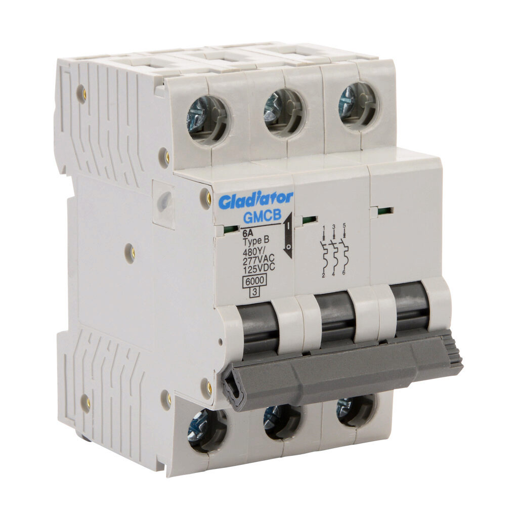 GMCB-3B-6 - Gladiator miniature supplementary protector, 6A, 480Y/277 VAC/125 VDC, 3-pole, B curve, thermal magnetic, 6kA @ 480Y/277 VAC interrupting rating, 35mm DIN rail mount.