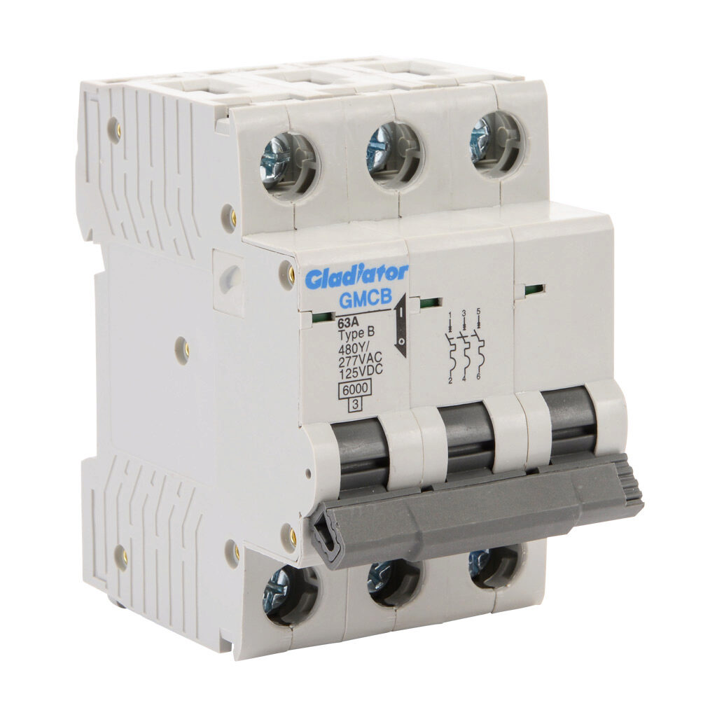 GMCB-3B-63 - Gladiator miniature supplementary protector, 63A, 480Y/277 VAC/125 VDC, 3-pole, B curve, thermal magnetic, 6kA @ 480Y/277 VAC interrupting rating, 35mm DIN rail mount.