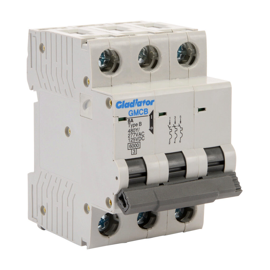 GMCB-3B-8 - Gladiator miniature supplementary protector, 8A, 480Y/277 VAC/125 VDC, 3-pole, B curve, thermal magnetic, 6kA @ 480Y/277 VAC interrupting rating, 35mm DIN rail mount.