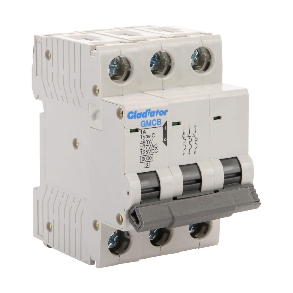 GMCB-3C-1 - Gladiator miniature supplementary protector, 1A, 480Y/277 VAC/125 VDC, 3-pole, C curve, thermal magnetic, 6kA @ 480Y/277 VAC interrupting rating, 35mm DIN rail mount.