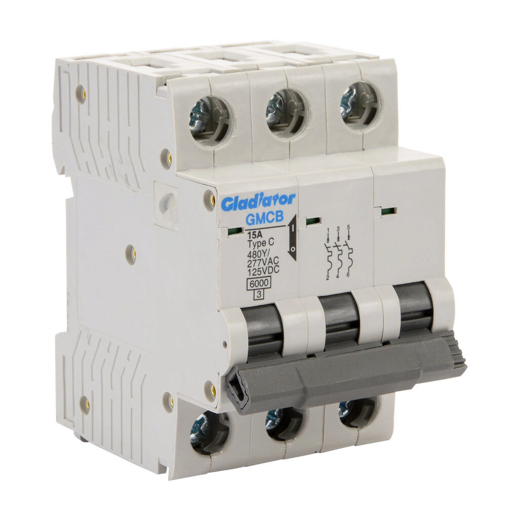 GMCB-3C-15 - Gladiator miniature supplementary protector, 15A, 480Y/277 VAC/125 VDC, 3-pole, C curve, thermal magnetic, 6kA @ 480Y/277 VAC interrupting rating, 35mm DIN rail mount.