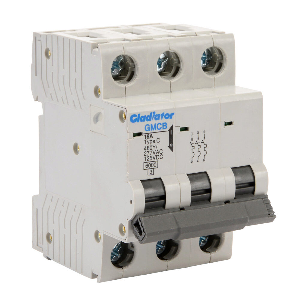 GMCB-3C-16 - Gladiator miniature supplementary protector, 16A, 480Y/277 VAC/125 VDC, 3-pole, C curve, thermal magnetic, 6kA @ 480Y/277 VAC interrupting rating, 35mm DIN rail mount.