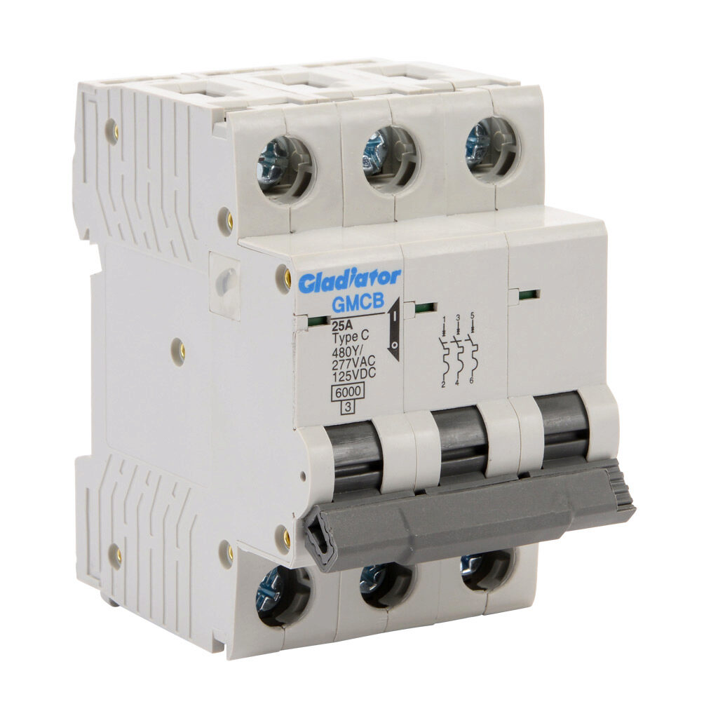 GMCB-3C-25 - Gladiator miniature supplementary protector, 25A, 480Y/277 VAC/125 VDC, 3-pole, C curve, thermal magnetic, 6kA @ 480Y/277 VAC interrupting rating, 35mm DIN rail mount.