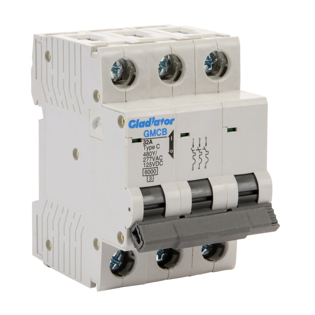GMCB-3C-32 - Gladiator miniature supplementary protector, 32A, 480Y/277 VAC/125 VDC, 3-pole, C curve, thermal magnetic, 6kA @ 480Y/277 VAC interrupting rating, 35mm DIN rail mount.
