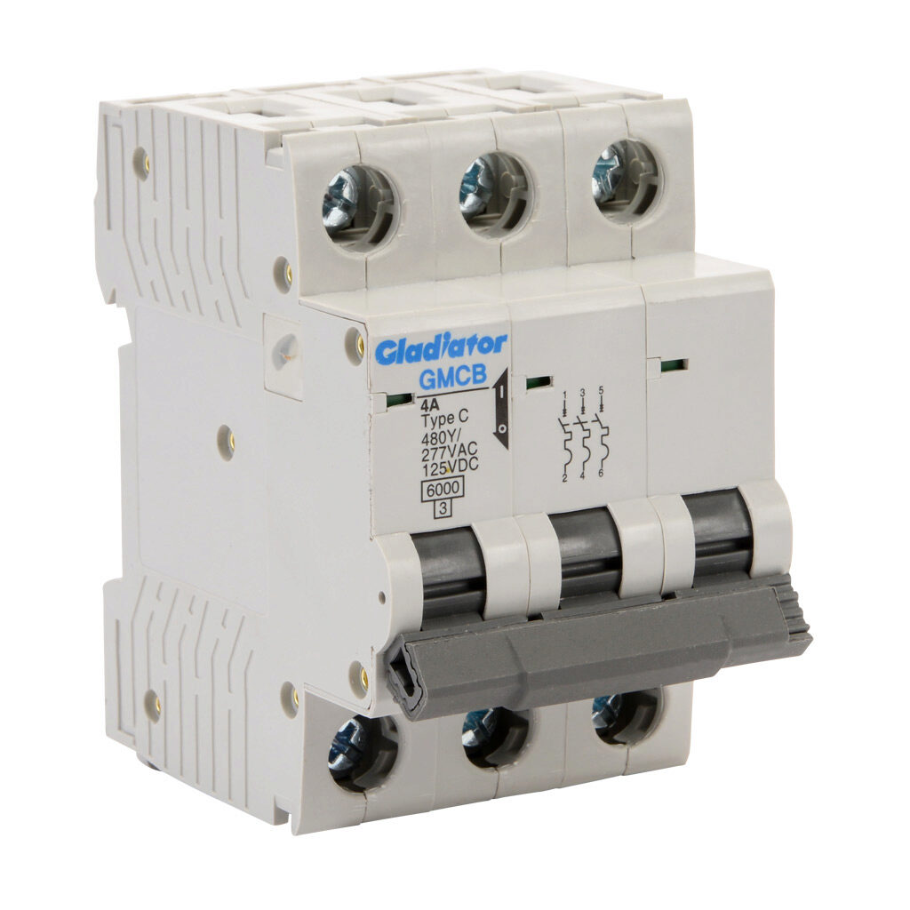 GMCB-3C-4 - Gladiator miniature supplementary protector, 4A, 480Y/277 VAC/125 VDC, 3-pole, C curve, thermal magnetic, 6kA @ 480Y/277 VAC interrupting rating, 35mm DIN rail mount.