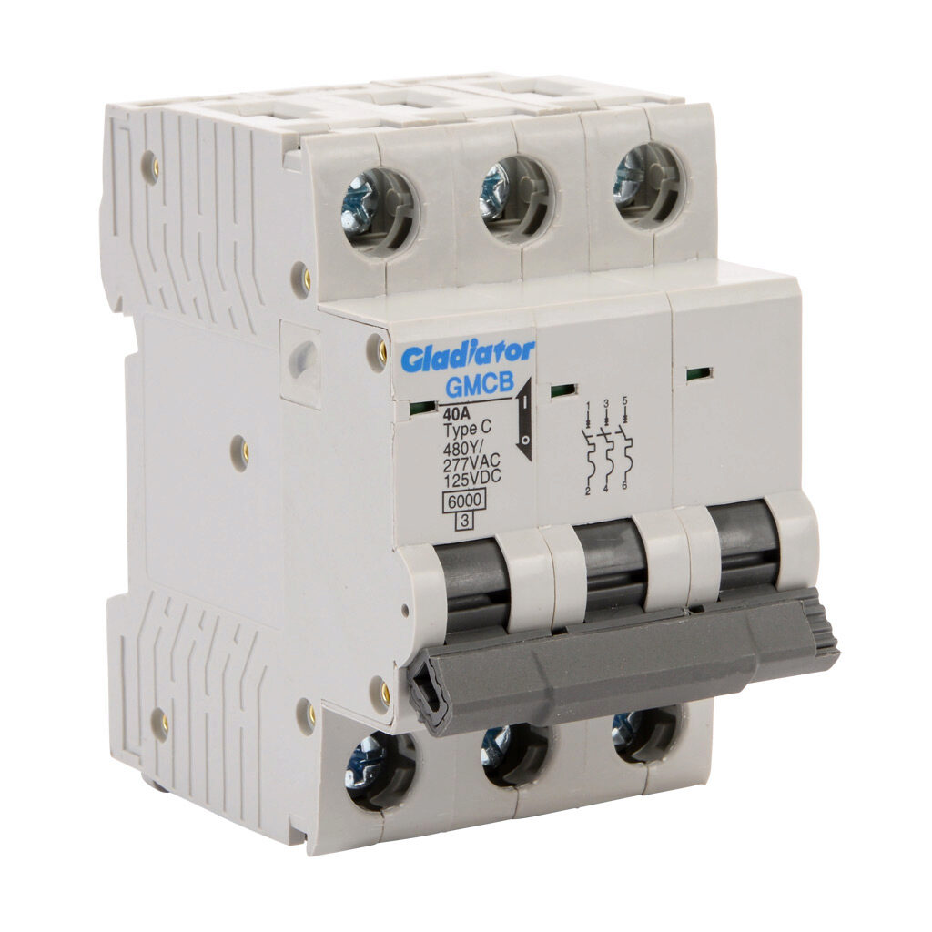 GMCB-3C-40 - Gladiator miniature supplementary protector, 40A, 480Y/277 VAC/125 VDC, 3-pole, C curve, thermal magnetic, 6kA @ 480Y/277 VAC interrupting rating, 35mm DIN rail mount.