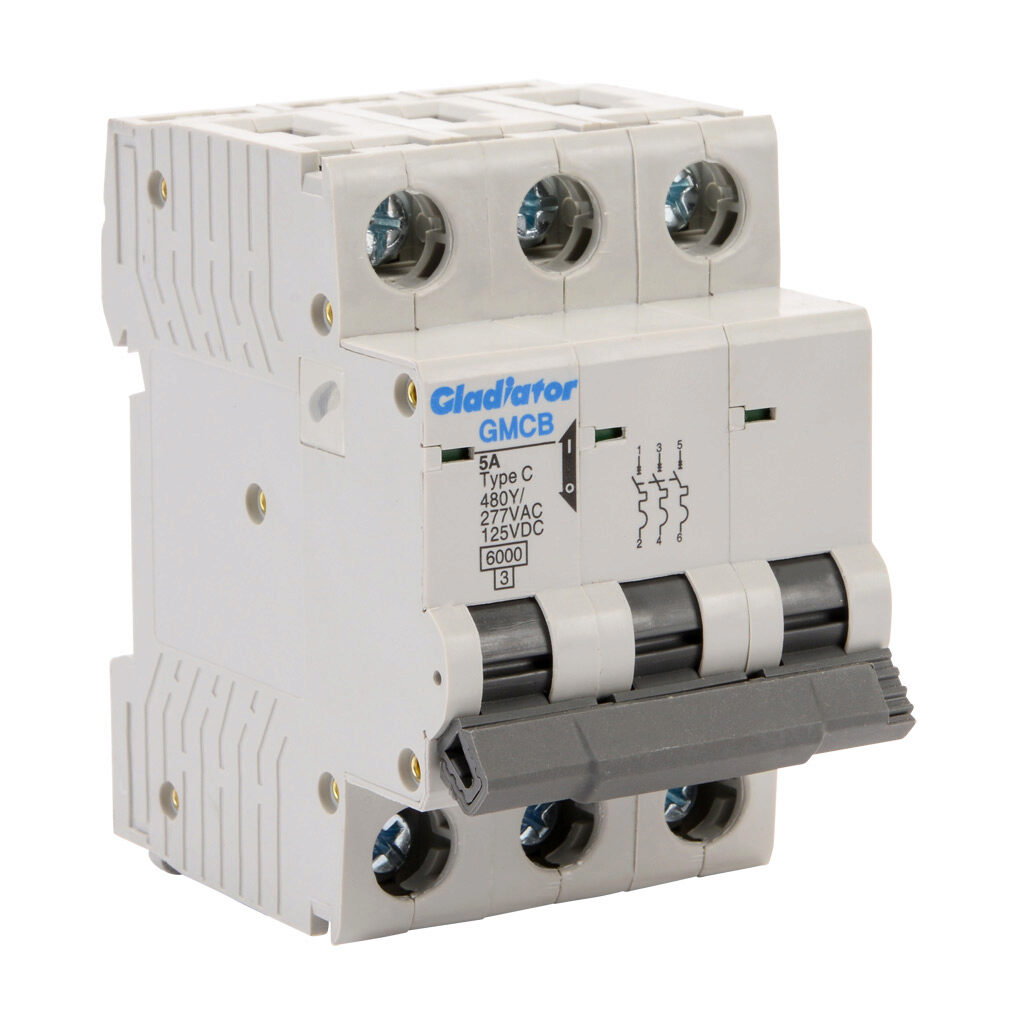 GMCB-3C-5 - Gladiator miniature supplementary protector, 5A, 480Y/277 VAC/125 VDC, 3-pole, C curve, thermal magnetic, 6kA @ 480Y/277 VAC interrupting rating, 35mm DIN rail mount.