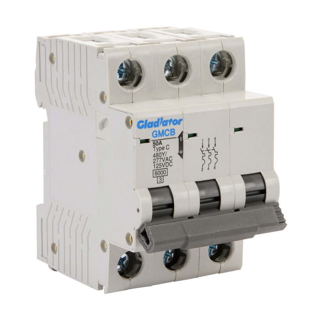GMCB-3C-50 - Gladiator miniature supplementary protector, 50A, 480Y/277 VAC/125 VDC, 3-pole, C curve, thermal magnetic, 6kA @ 480Y/277 VAC interrupting rating, 35mm DIN rail mount.
