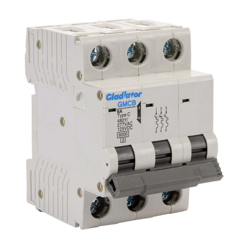 GMCB-3C-6 - Gladiator miniature supplementary protector, 6A, 480Y/277 VAC/125 VDC, 3-pole, C curve, thermal magnetic, 6kA @ 480Y/277 VAC interrupting rating, 35mm DIN rail mount.