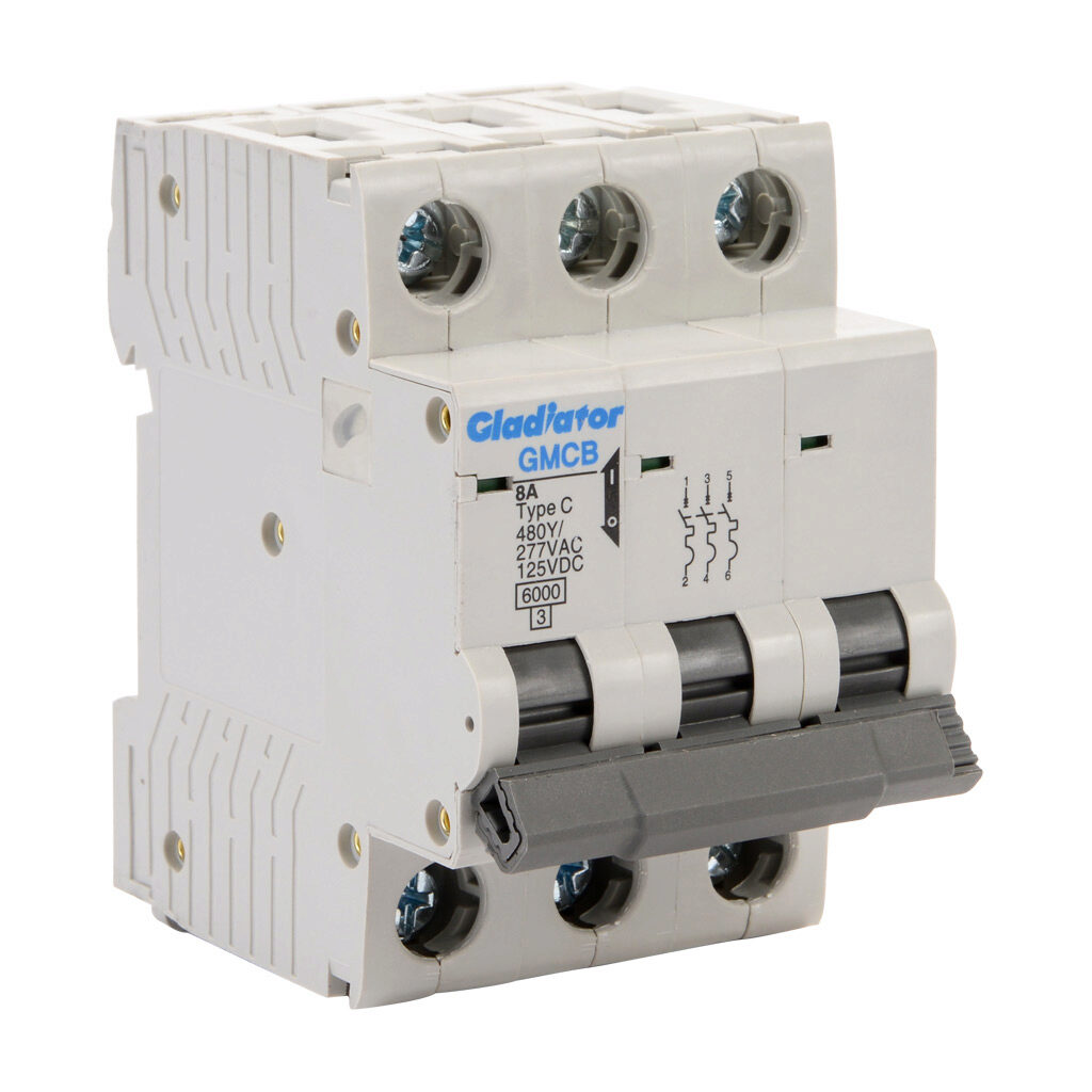 GMCB-3C-8 - Gladiator miniature supplementary protector, 8A, 480Y/277 VAC/125 VDC, 3-pole, C curve, thermal magnetic, 6kA @ 480Y/277 VAC interrupting rating, 35mm DIN rail mount.